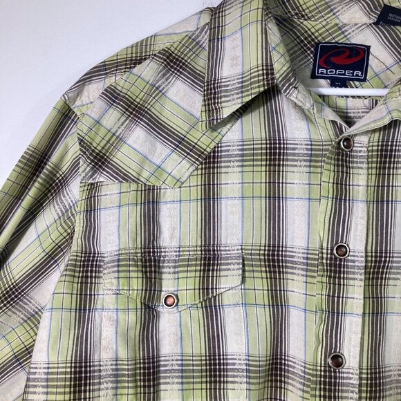 Mens Roper Pearl Snap Western Plaid LS Shirt Green White Black w Embroidery Deta - Picture 3 of 7